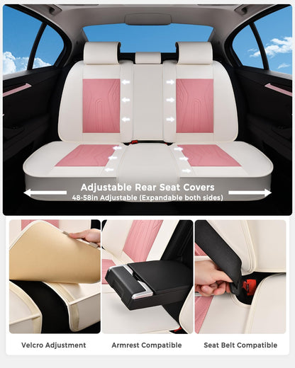 Huidasource Coffee Seat Covers Full Set, Universal Fit for Most Cars Trucks SUV, Full Coverage Leather Seat Cover, Airbag, Cupholder Compatible, Velcro Adjustable, Heaating/Cooling Function Retain