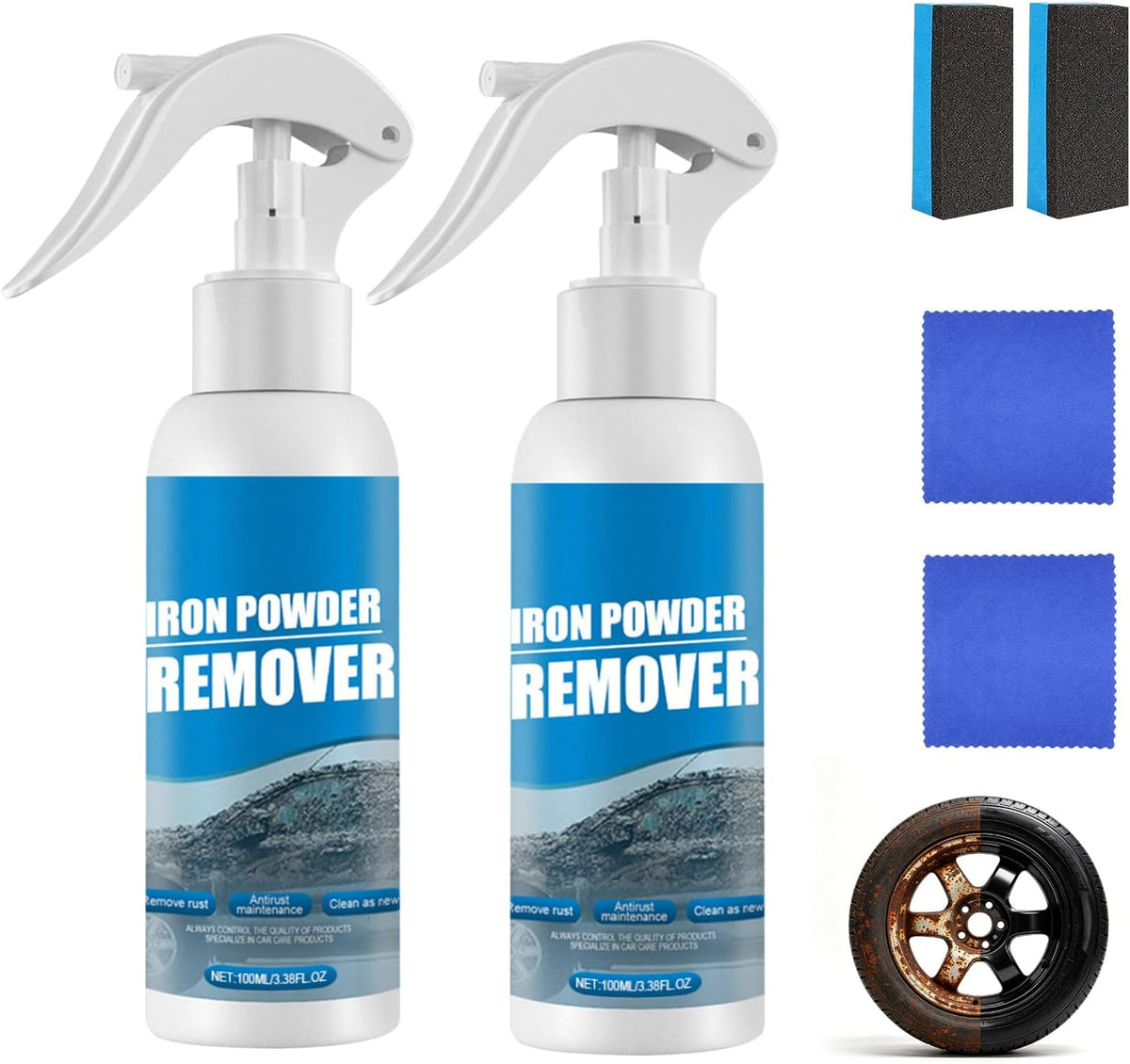 2Pcs Iron Powder Remover Spray,Car Rust Removal Spray,Quick-Acting Rust Converter,Multi-Functional Car Rust Removal Sprays,Multipurpose Rustout Instant Rusts Remover Sprays for Metal,Tools,Cars,Chains