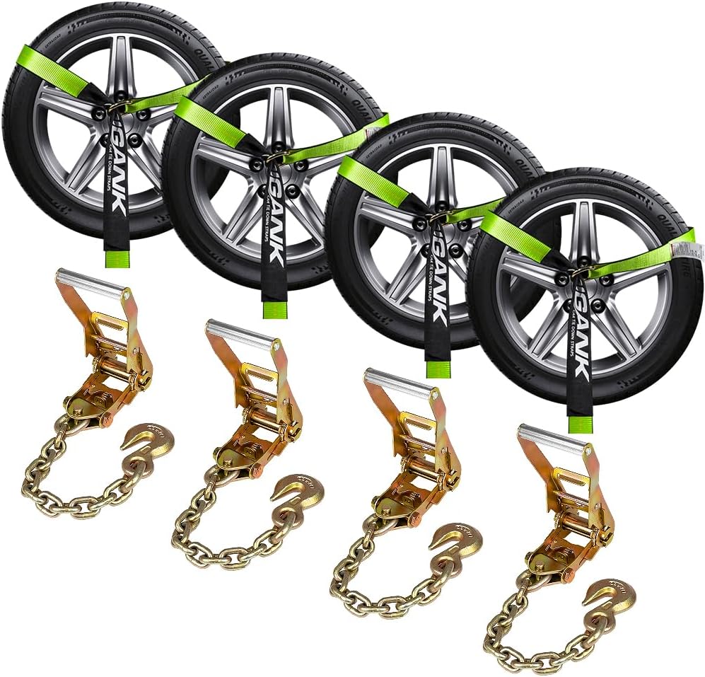 Heavy Duty Car Tie Down Straps (4PK) - 2" x 96" - 3,300 lbs Safe Working Load - Wheel Straps Comes with 5/16" Tow Hooks (Green)