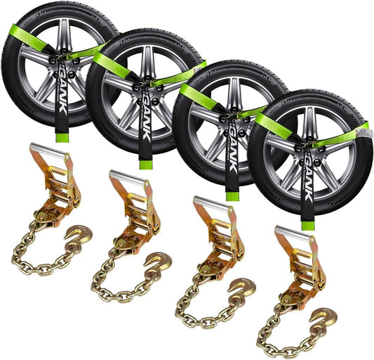 Heavy Duty Car Tie Down Straps (4PK) - 2" x 96" - 3,300 lbs Safe Working Load - Wheel Straps Comes with 5/16" Tow Hooks (Green)