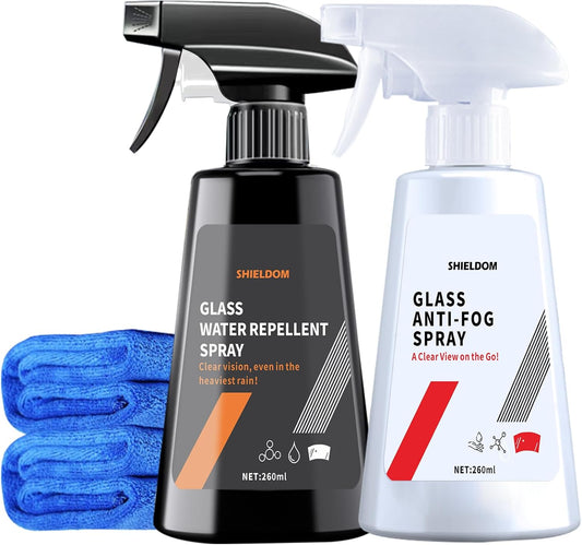 SHIELDOM Anti Fog Spray & Rain Repellent Spray for Car Windshield Glass Water Repellent Defogger Spray Waterproof Prevent Fogging for Automotive Windows Mirrors Glasses Goggles Helmets - Pack of 2