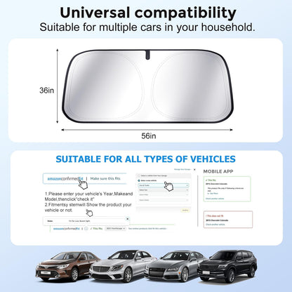 [Upgrade] DooGooCoo Windshield Sun Shade - Medium, Sunshade for Car Windshield [100% Sunlight & UV Block] Car Sun Shade Windshield Protect & Keep Car Cooler Foldable Front Windshield Shade (64x32 in)
