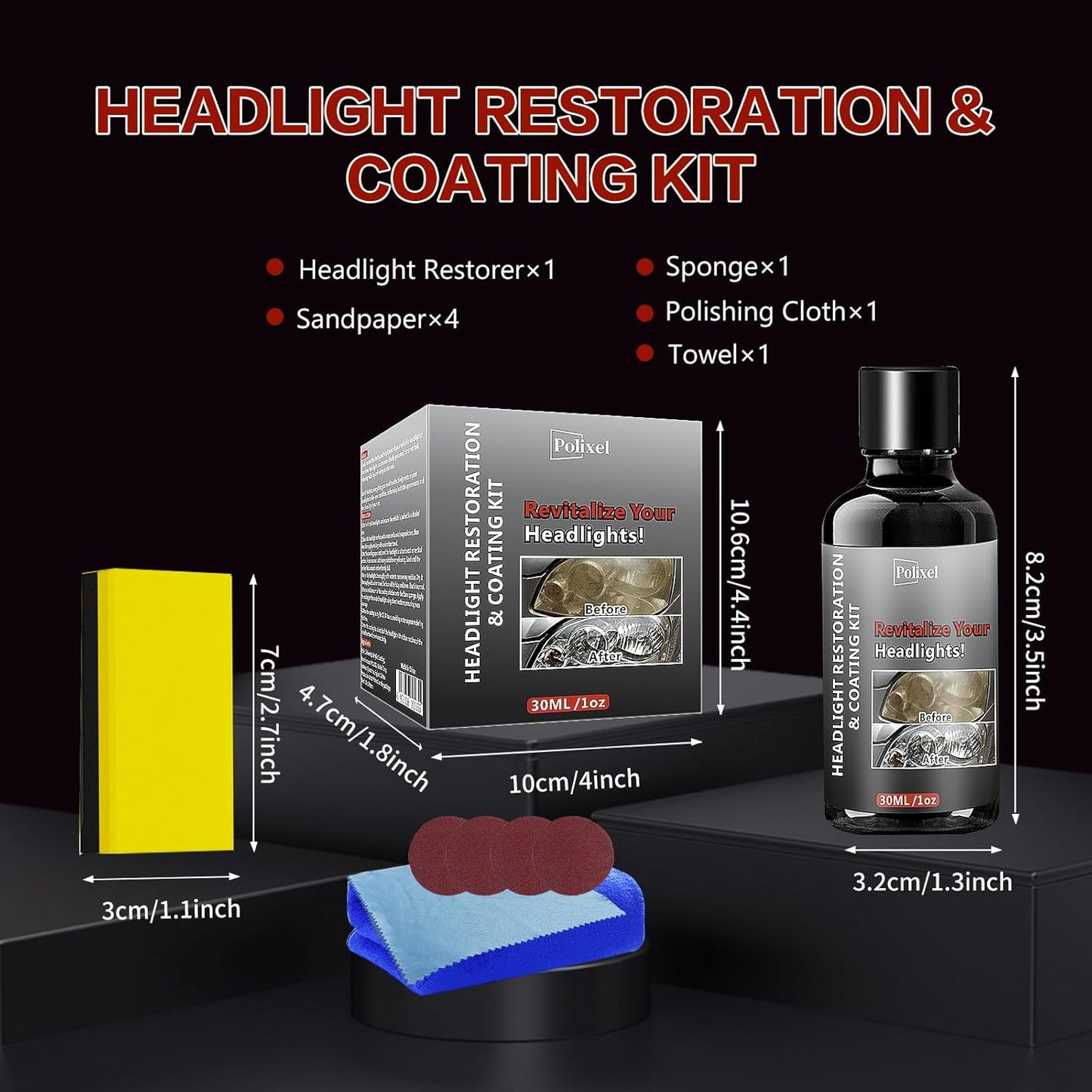 Car Headlight Restoration Kit, Instant Headlamp Restorer with Clarity Coating Fluid, Sandpaper Oxidation Removal Cleaner to Fix Cloudy, Yellowing, Scratches & Stains -1oz/30ml