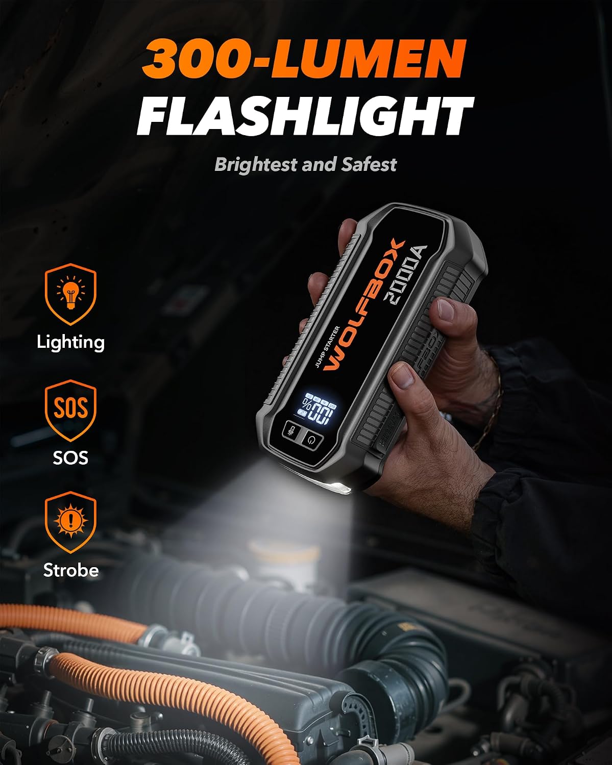 WOLFBOX 4000A Jump Starter,12V Car Battery Jumper Starter Portable with 65W Quick Charger,LED Display,88.8Wh Booster Jump Box Pack (10L Gas 10L Diesel Engine) with LED Light,Jumper Cables, MV24