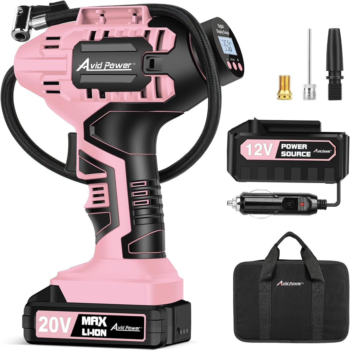 AVID POWER Tire Inflator Portable Air Compressor, 20V Cordless Car Tire Pump, Rechargeable Battery Powered Air Compressor w/12V DC Adapter, Digital Pressure Gauge