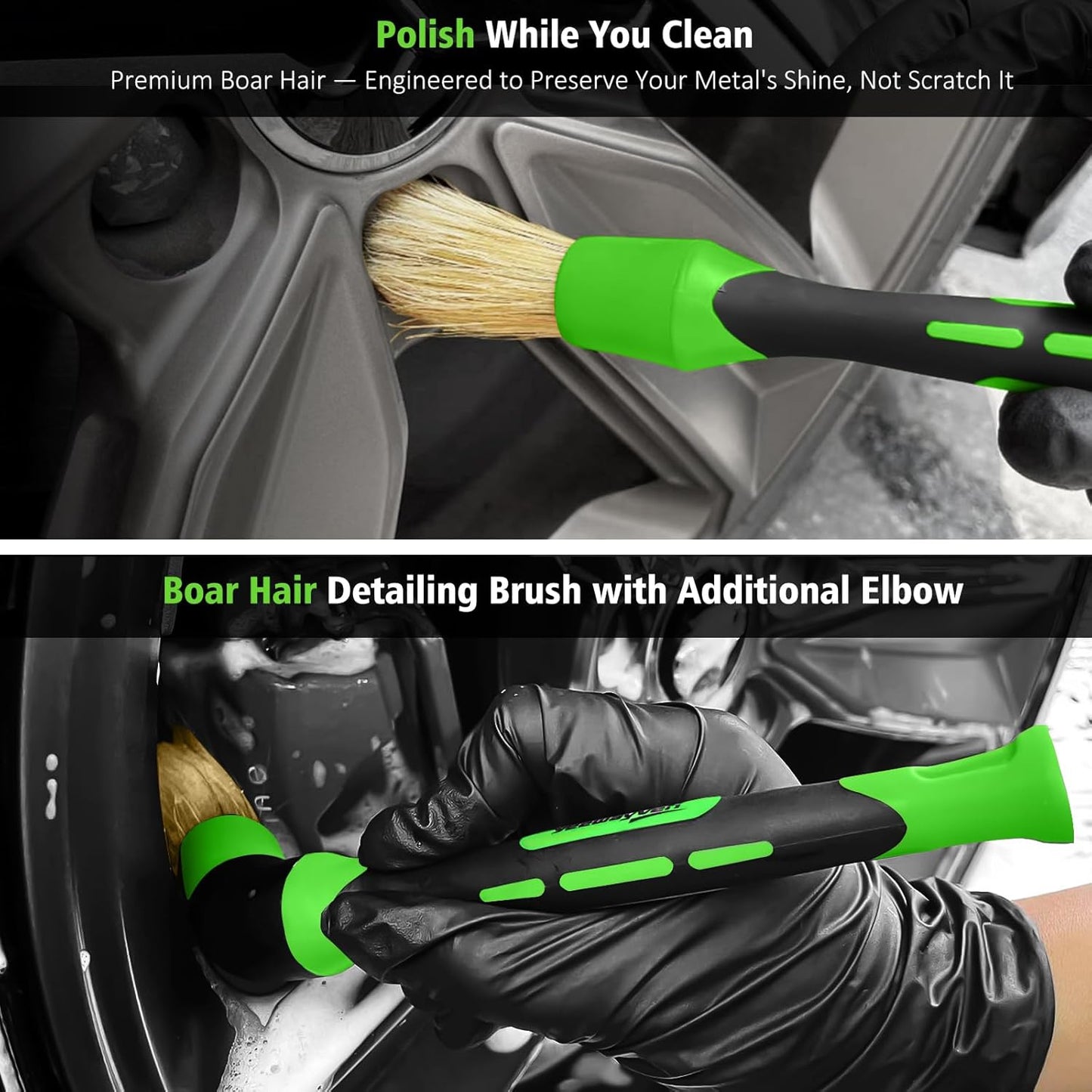 YeewayVeh 3PCS Quick Car Wheel Brush Kit, 2-Size 360° Bendale Rim Cleaner Brushes, Boars Hair Detailing Brush, Fast Scratch-Free Cleaning for Car Wheels, Motorcycle, Green