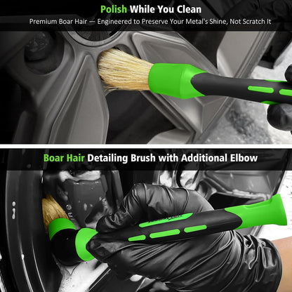 YeewayVeh 3PCS Quick Car Wheel Brush Kit, 2-Size 360° Bendale Rim Cleaner Brushes, Boars Hair Detailing Brush, Fast Scratch-Free Cleaning for Car Wheels, Motorcycle, Green