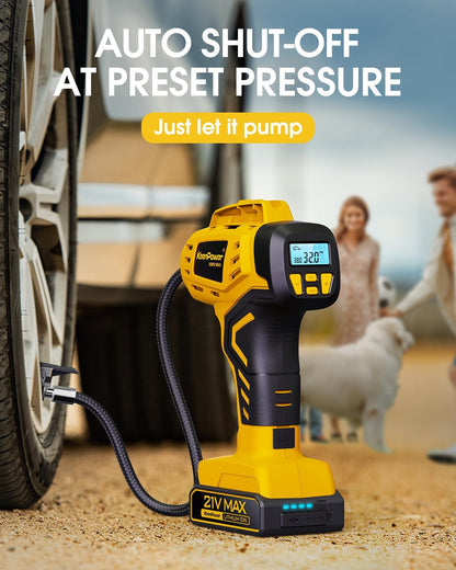 KeenPower Tire Inflator Portable Air Compressor - Super Fast - 21V Rechargeable Battery Powered Handheld 160PSI Tire Inflator, Dual Power Supply Modes, Portable Air Pump for Car Motorcycle E-Bike