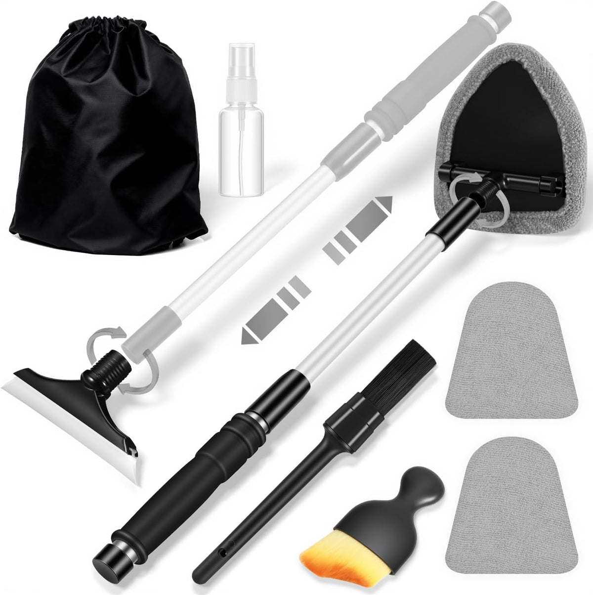 Windshield Cleaner Tool, Car Interior Cleaning Kit with Extendable Handle and 3 Reusable Microfiber Pads, Auto Glass Wiper and Detailing Brush Kit for Car & Home Window, Blue