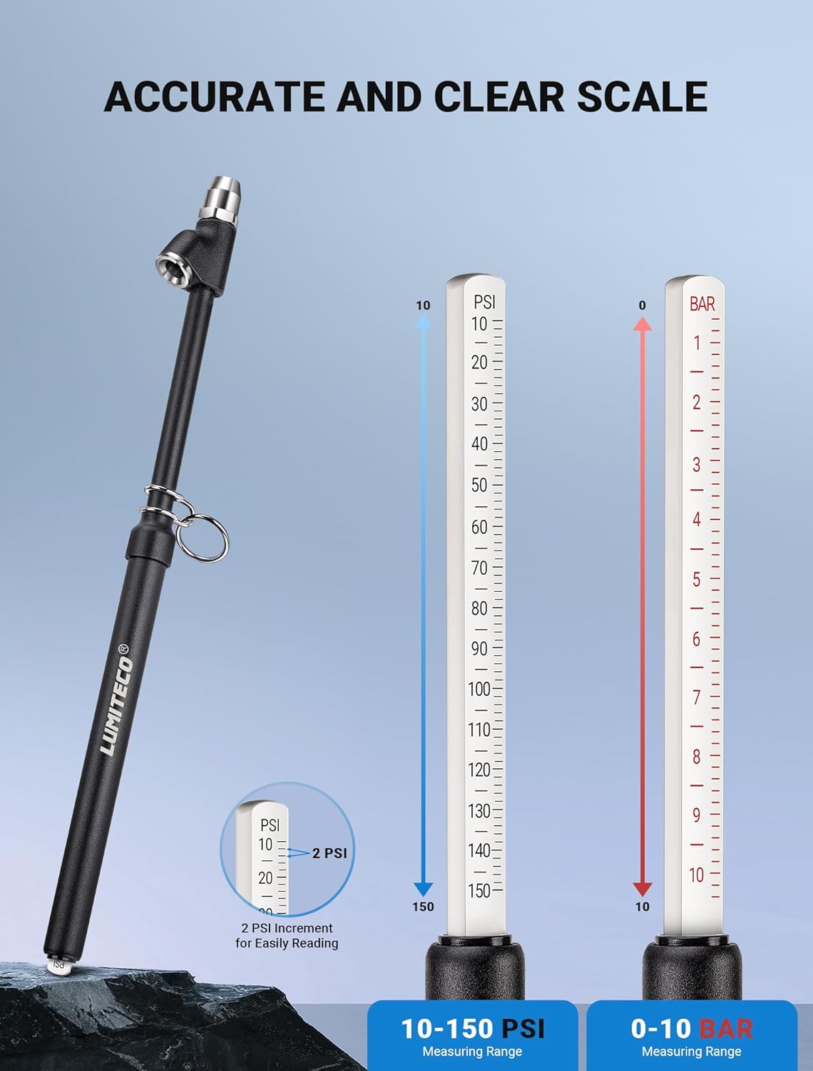 LUMITECO 12'' Dual Head Tire Pressure Gauge, Heavy Duty Truck Tire Gauge Range 10-150PSI 1-10Bar for Tire Pressure Checker, Straight-On Tire Air Gauge Extended Tube for Semi Truck, RV, Car, Motorcycle