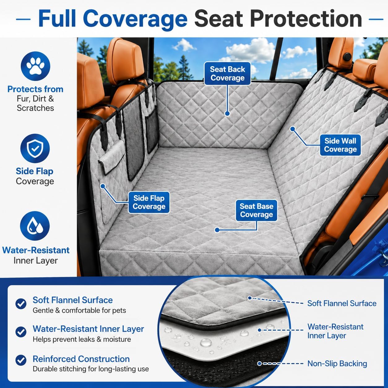 IJVAE Dog Seat Cover for Back Seat, Hard Bottom Back Seat Extender Holds 500 lbs, Waterproof & Nonslip Car Hammock for Large Pets, Comfortable Travel Seat Protector for SUV and Sedan