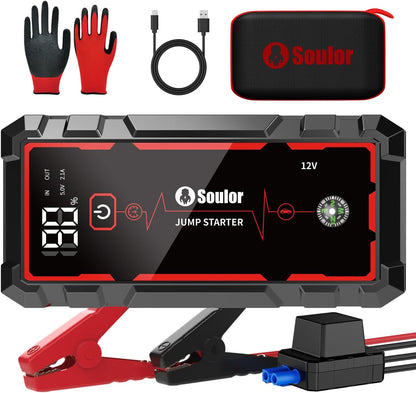 Jump Starter, Battery Jumper Starter Portable, Car Battery Jump Starter with 3 Modes Flashlight, Compass, Power Bank and Jumper Cable