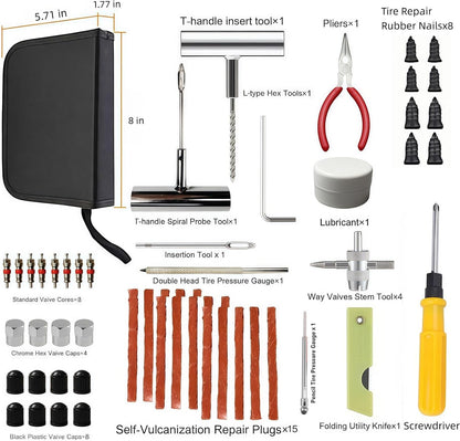 55PCS Tire Repair Kit – Heavy Duty Plug & Patch Kit with Tire Gauge & Valve Tools – Emergency Flat Tire Repair for Car, Truck, Motorcycle, ATV, SUV – Includes Storage Bag & Manual