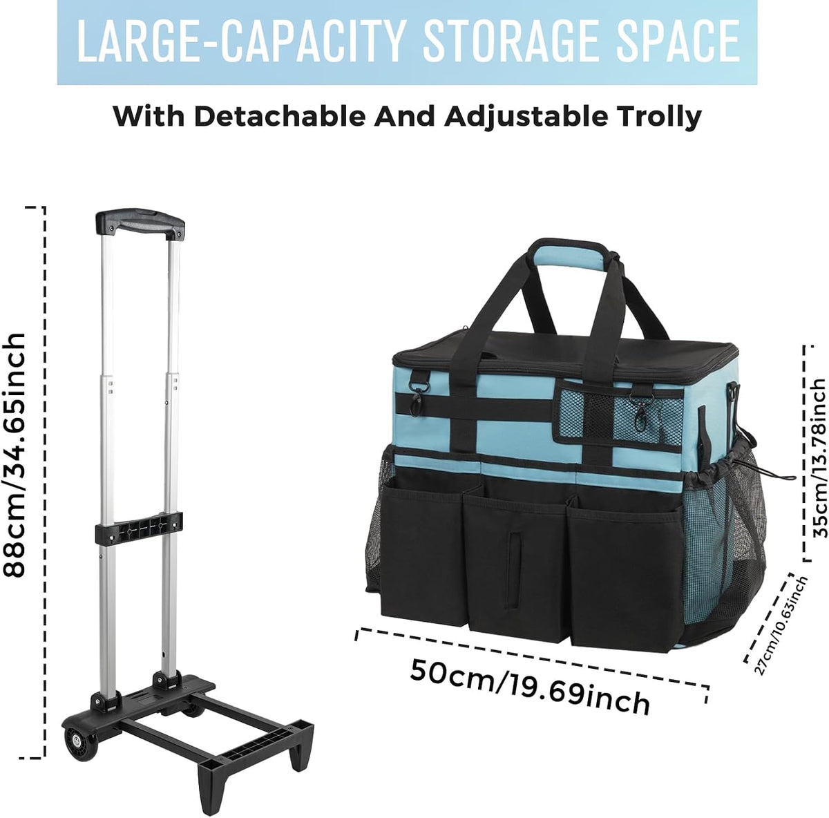SCAVATA Rolling Cleaning Caddy Bag with Detachable Trolley, Large Cleaning Supplies Organizer with Wheels, Multi Pocket Cleaning Cart with Adjustable Shoulder Strap for Housekeepers & Home Use, Black