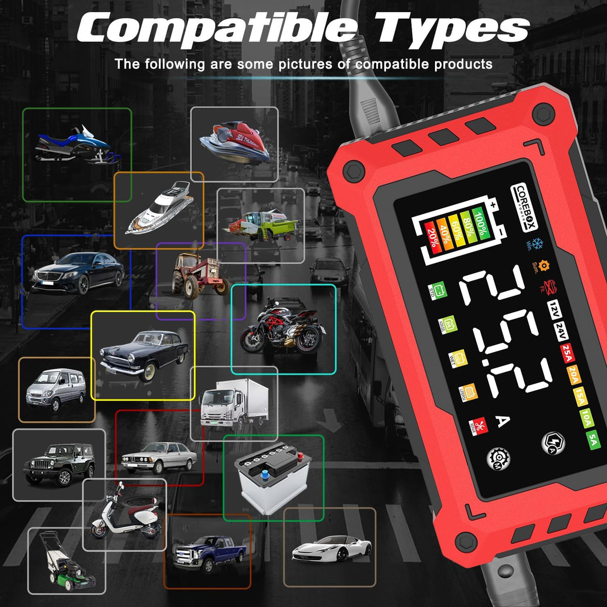 Corebox Battery Charger 6-Amp 12V Automatic Smart Battery Trickle Charger, Battery Maintainer Desulfator with Temperature Compensation for Car Truck Motorcycle Lawn Mower Marine