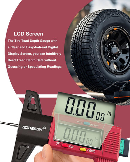 GODESON Tire Tread Depth Gauge, Digital Tire Tread Depth Gauge with 3 Modes-Fractional Inch, Decimal Inch and Millimeter, Tire Depth Gauge for Motorcycles, Cars, SUV, Easy to Read Tread Depth Gauge