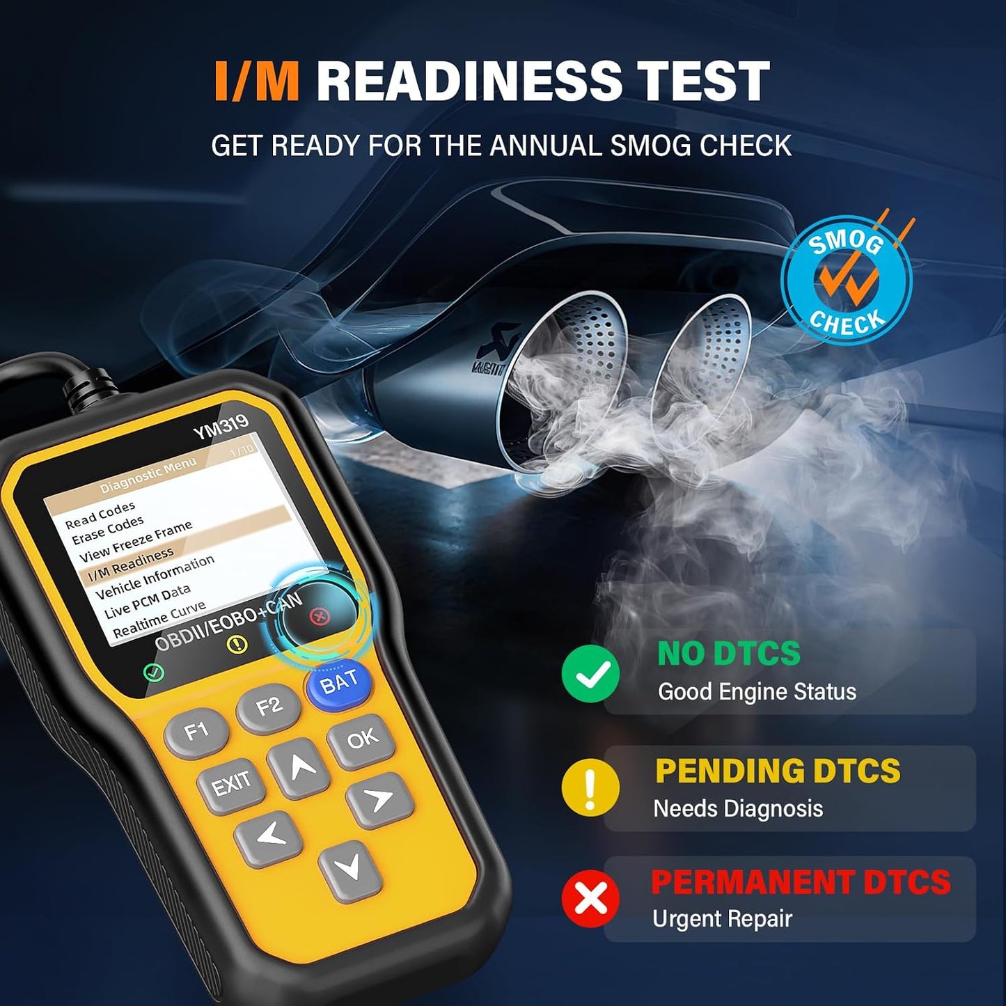BluSon YM319 OBD2 Scanner Diagnostic Tool with Battery Tester, Check Engine Fault Code Reader with Live Data, Cloud Printing, DTC Lookup, Freeze Frame, Scan Tool for All OBDII Protocol Cars Since 1996