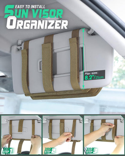 LIVANS Tactical Car Sun Visor Organizer, Auto Accessories Semi-Rigid Molle Panel with Zipper Storage Pouch & Glasses Holder, Gift for Car Gear, Fit Cars, Trucks, Suvs, Jeeps & Patrols (Gray)