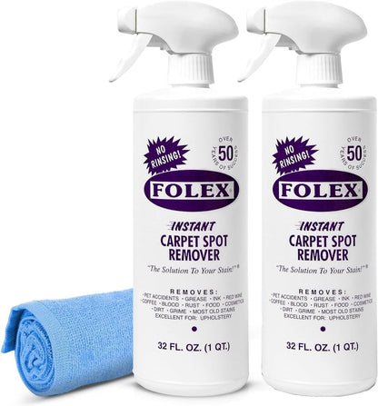 FOLEX Instant Carpet Spot Remover 32 oz – Powerful Stain Remover for Carpets, Upholstery & Rugs – Eliminates Pet Stains, Grease, Red Wine, Food, Makeup & More – With Reusable Cleaning Cloth - 1 Pack