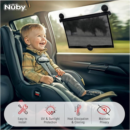 Nuby 14" Roller Vehicle Side Window Sun Protection Shade for Baby | 2 Pack | Pull Down with Suction Cups and Press Button Roll Up | Black