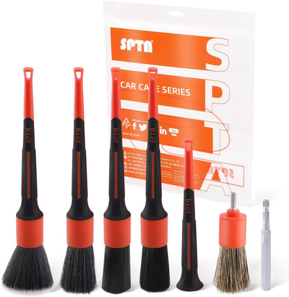 SPTA Car Detailing Brush Set, 5 Pack Soft Boar Hair Auto Detail Brush Kit with Elbow for Automotive Elegant Surface Interior Exterior Dashboard Emblems Panels Engine Bay Wheels Air Vent Seat Leather