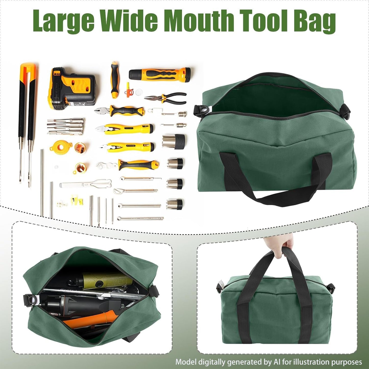 Small Tool Bag,Close Top Wide Mouth Tool Organizer Bag,Large Capacity Tool Bags for Men,Canvas Tool Storage Bag for Storage Handbag for Screwdrivers,Wrench,Pliers Hand Tools (black, 12 Inch)