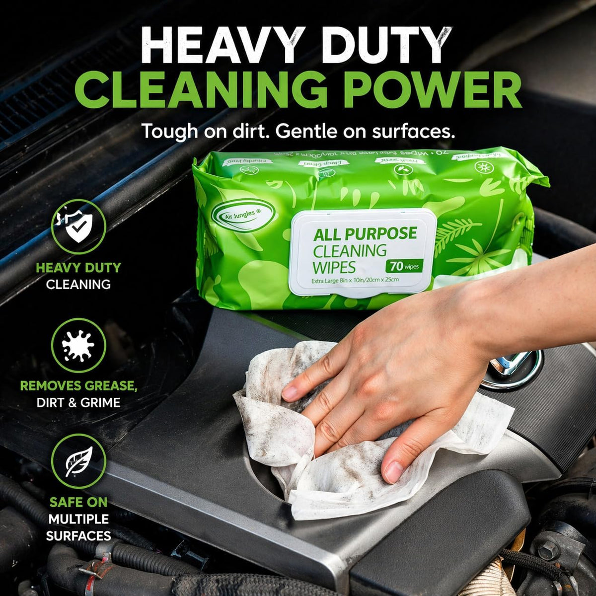 Air Jungles All Purpose Cleaning Wipes 70 Count, Extra Large 8" x 10" Heavy Duty for Car Interior, Kitchen, Bathroom, Gym Equitment, Tools - Non-Toxic Safe for Multi-Surface