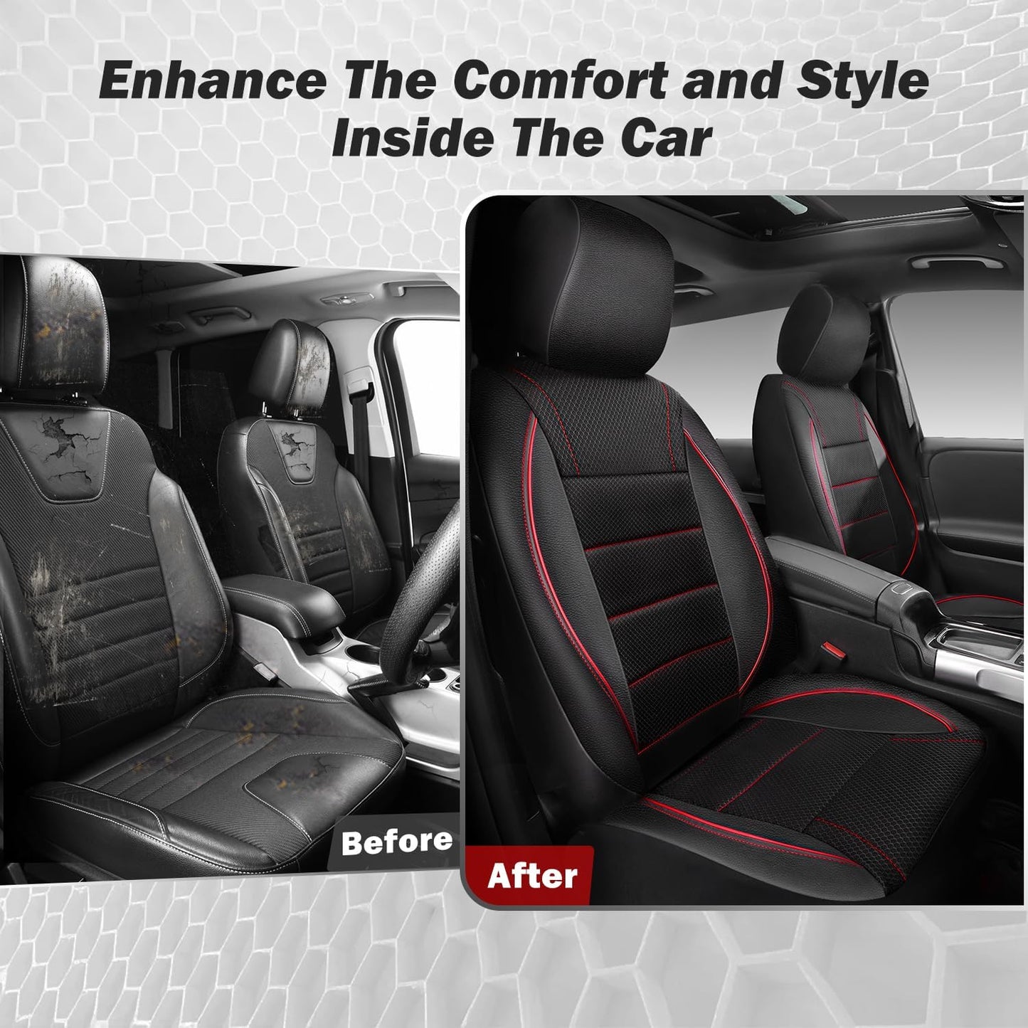 CAR PASS Universal FIT Piping Leather Two Front Seat Covers, Waterproof Faux Leather for SUV Sedan Van Truck, Airbag Compatible,Reserved Opening Holes for Headrest Covers. (Black red)