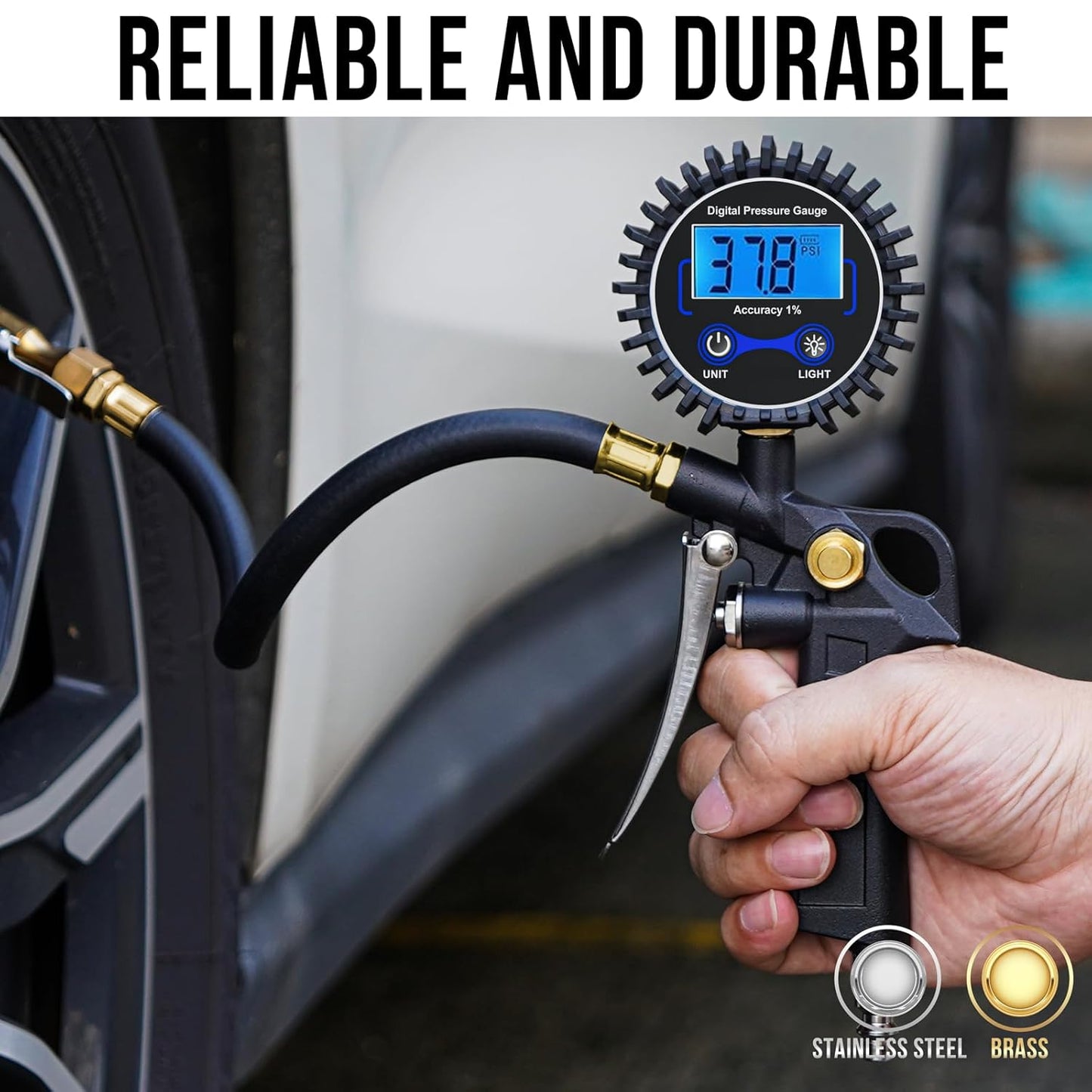 Digital Tire Pressure Gauge with Inflator, 3-250 PSI Air Compressor Accessories with Air Chuck Quick Connect Coupler, Car Attachments with Rubber Hose for Car, Truck, SUV, Cycle, RV