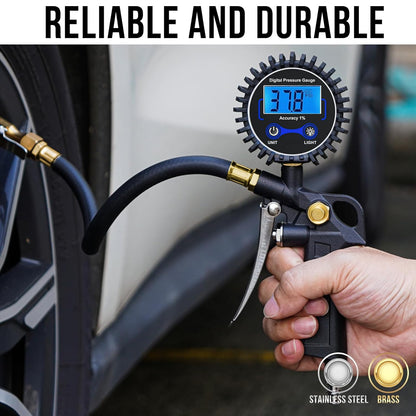 Digital Tire Pressure Gauge with Inflator, 3-250 PSI Air Compressor Accessories with Air Chuck Quick Connect Coupler, Car Attachments with Rubber Hose for Car, Truck, SUV, Cycle, RV