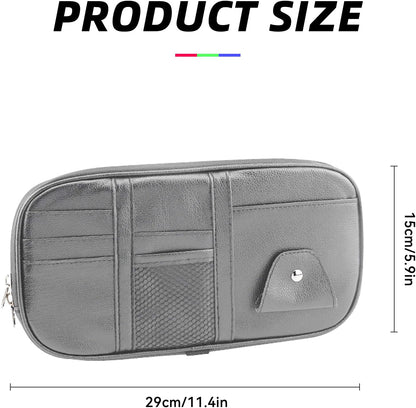 Car Sun Visor Organizer, Multi-Pocket PU Leather Sunglass Holder and Storage Pocket with Net Zipper, Card Sleeve Pocket Organizer, Auto Interior Accessories for Vehicle, Truck, SUV (Gray)