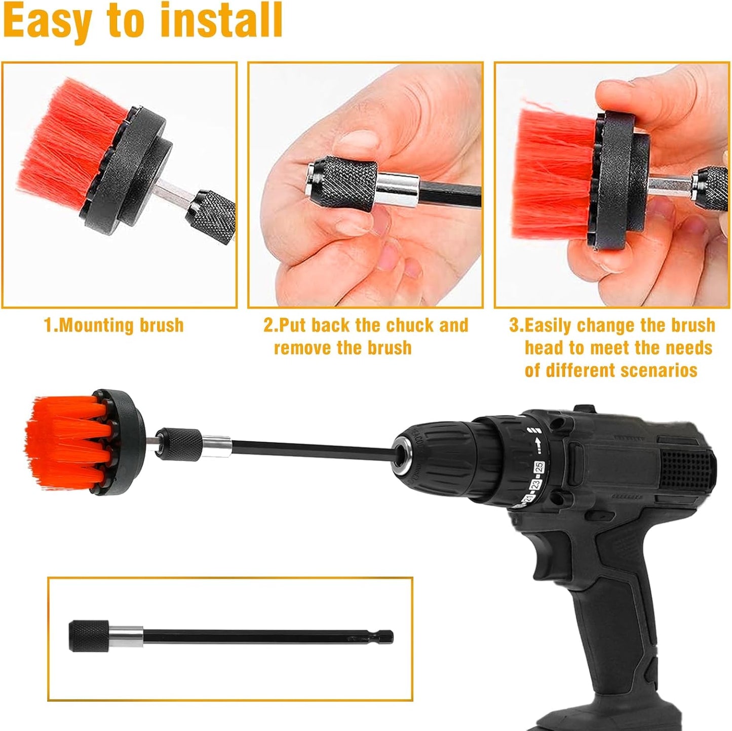 8 Pcs Drill Brush Attachment Set, Power Cleaning Scrub Brush Kit with Extend Long Attachment, All Purpose Drill Scrub Brushes for Car, Grout, Floor, Tub, Bathroom and Kitchen (Yellow)