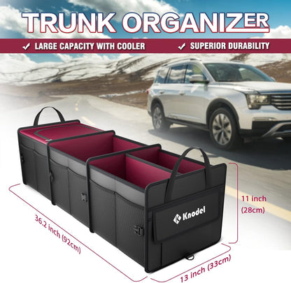 K KNODEL Sturdy Car Trunk Organizer with Premium Insulation Cooler Bag, 3 Compartments Heavy Duty Collapsible for Car, SUV, Truck, or Van (Large, Black)