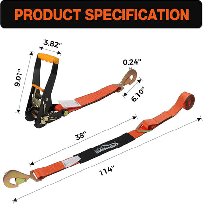 Heavy Duty Adjustable Car Tie Down Kit with Snap Hooks -Break Strength 10,000 lbs-Working Load 3333 lbs-2 Inch x 114 Inch - 4 Pack Axle Tie Down Straps (Yellow)