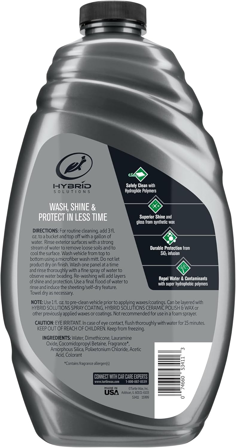 Turtle Wax Hybrid Solutions Ceramic Car Wash and Wax, Gentle pH Neutral Car Cleaner with Extreme Water Beading Paint Protection, High Gloss Spot-Free, Car Wax Shine, Fruity Scent, 48 oz (Pack of 1)
