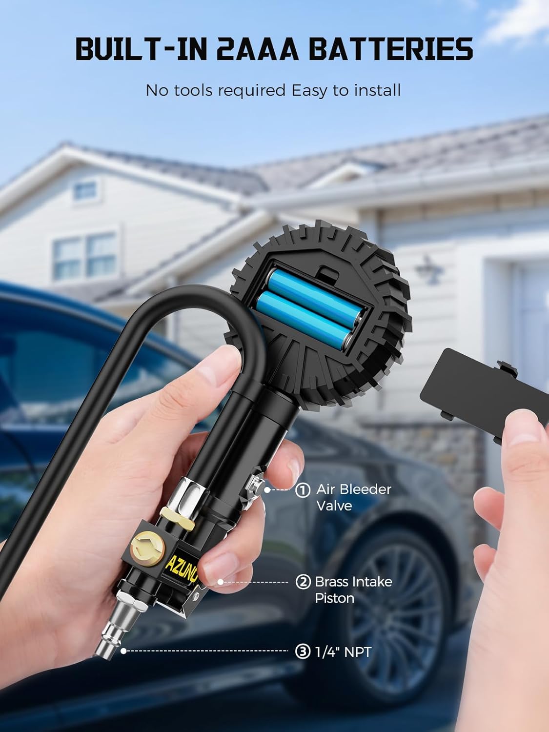 AZUNO Digital Tire Inflator with Pressure Gauge, 200 PSI, Heavy Duty Air Compressor Accessories, with Rubber Hose Lock on Air Chuck and Quick Connect Coupler, Comes with a Portable Carrying Box