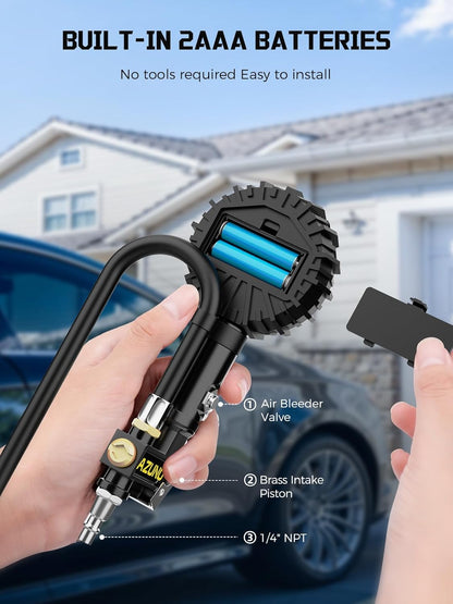 AZUNO Digital Tire Inflator with Pressure Gauge, 200 PSI, Heavy Duty Air Compressor Accessories, with Rubber Hose Lock on Air Chuck and Quick Connect Coupler, Comes with a Portable Carrying Box