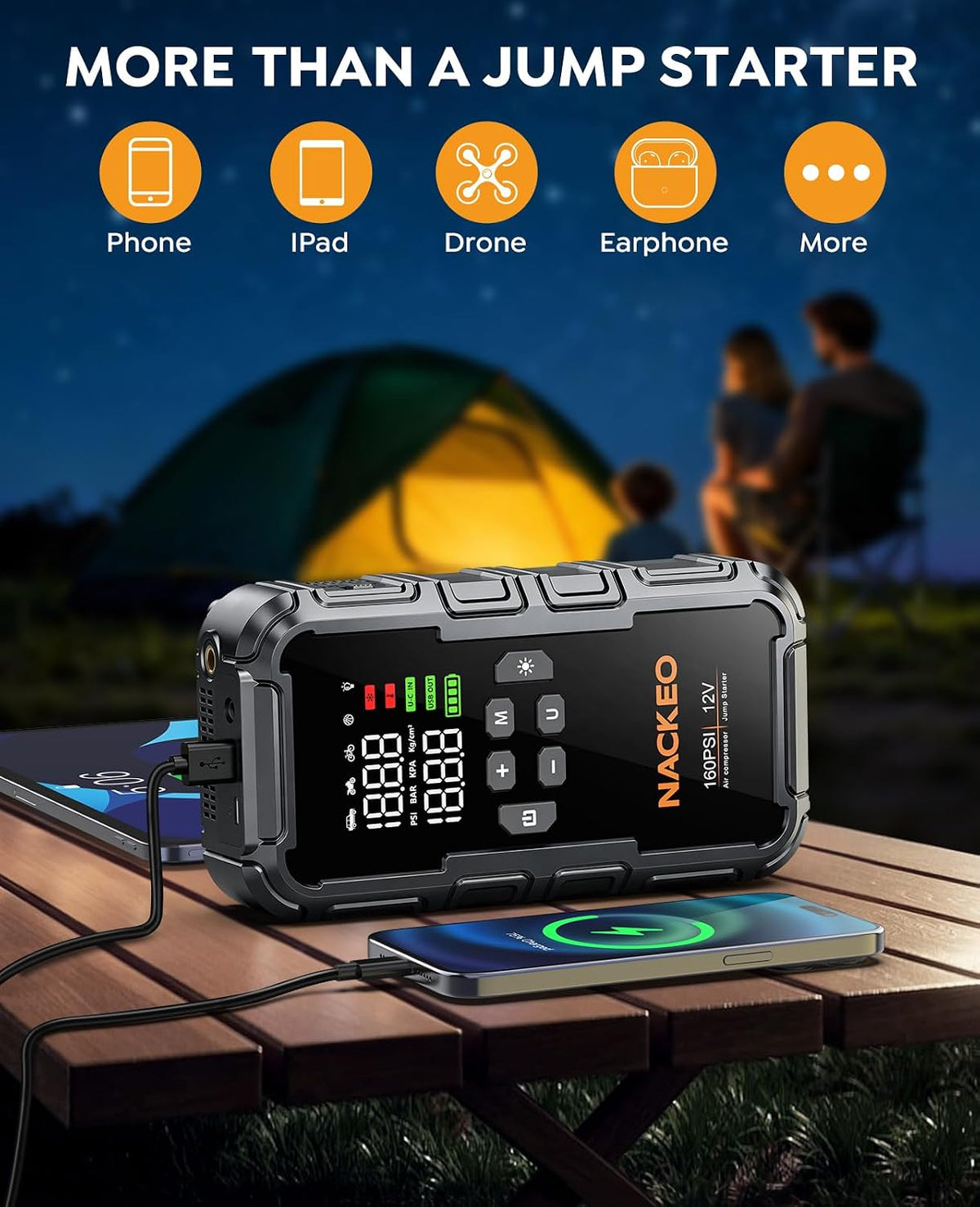 8000A Car Battery Jump Starter with Air Compressor 160PSI, Car Jumper Starter Portable (All Gas 12L Diesel), 12V Jump Box Car Battery with 600LM Light, Jumper Cables, Large LCD Display, Power Bank