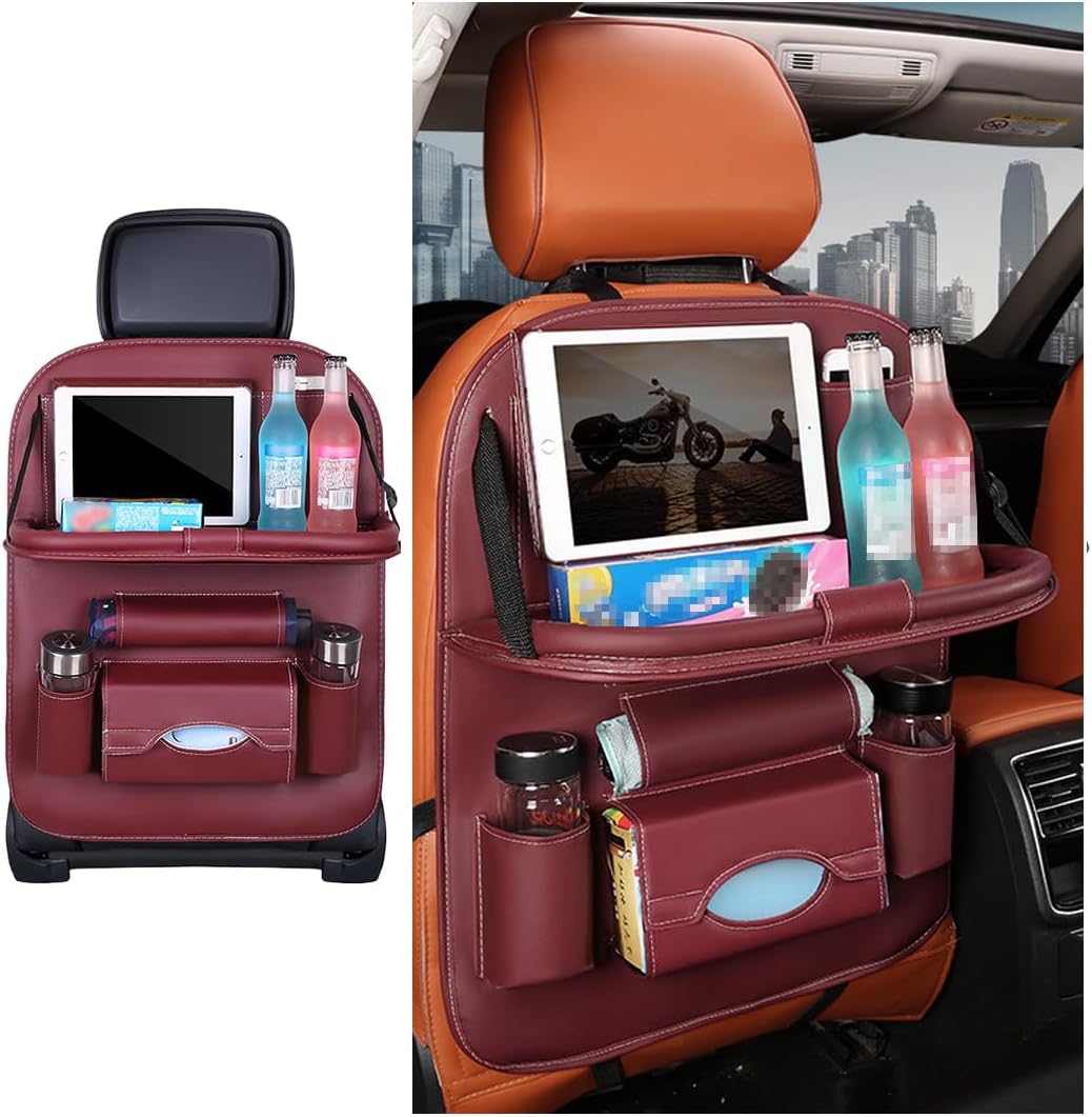 Car Seat Back Organizer, Leather Vehicle Seatback Storage Pocket with Foldable Table Tray, Multifunctional Automotive Backseat Protectors Kick Mats Accessories, Universal Fit (Brown)