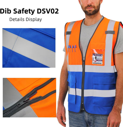 Dib Safety Reflective Safety Vest for Men Women, High Visibility Vest with Pockets and Zipper, ANSI Class 2