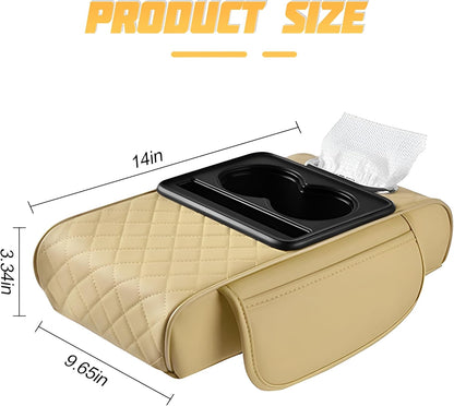 Zpana Car Center Console Armrest Pillow, Memory Foam Leather 4 in 1 Vehicle Arm Rest Cover with Tissue Box 2 Side Storage Bag Cup & Phone Holder, Auto Armrest Cushion, Universal Fit (Black)