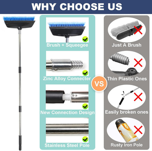 52" Car Wash Brush with Long Handle | Built-in Rubber Squeegee & Rubber Bumper | Lightweight extendable Handle | Soft Bristle Brush for Car, RV, Boat, Solar Panel, Deck Washing