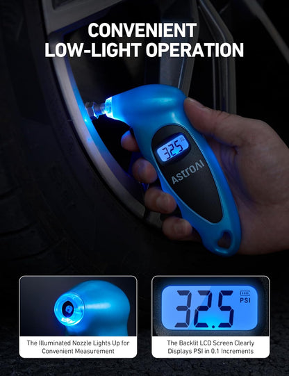 AstroAI Digital Tire Pressure Gauge 0-150PSI Calibrated to ANSI B40.7 +/-1PSI, Accurate in 0.1 Increments, Tire Repair Tools 4 Pressure Measurements for Car Truck with Backlight LCD, Silver