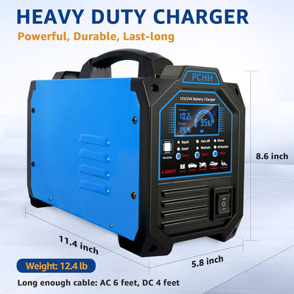 PCHH 12V 24V Car Battery Charger Heavy Duty, 0-15A Automatic Battery Maintainer, Smart Trickle Charger with Auto Shutoffs, Repair, Winter Mode, for Automotive Car Truck Motorcycle Lawn Mower Boat AGM