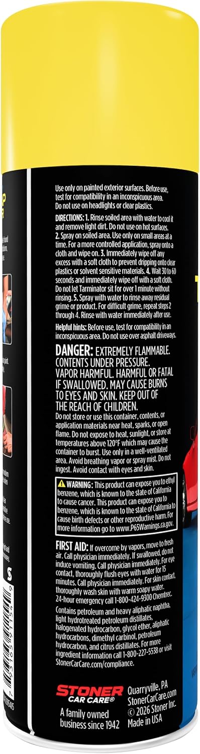 Stoner Car Care 91154 Tarminator Tar, Sap, and Asphalt Remover – Fast Acting Tar and Sap Remover for Cars – Clear Coat Safe Auto Cleaner for Paint, Chrome and Wheels – 10 oz