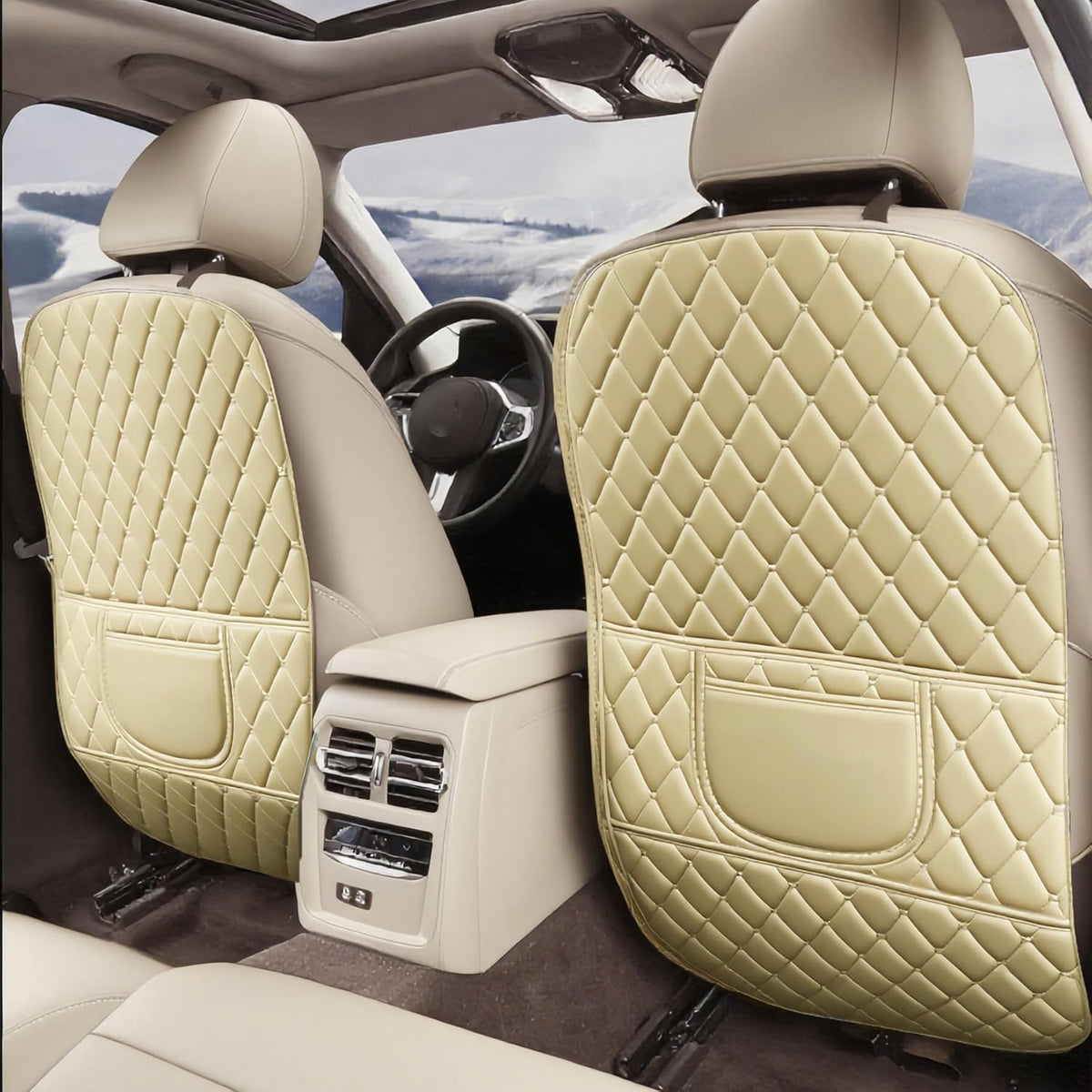Leatherette Car Seat Protector - 2 Pack Large Car Kick Mats with Storage Pockets Organizer Seat Back Cover Against Dirty Shoes & Scratches, Universal Fit for Most Vehicles (Black)