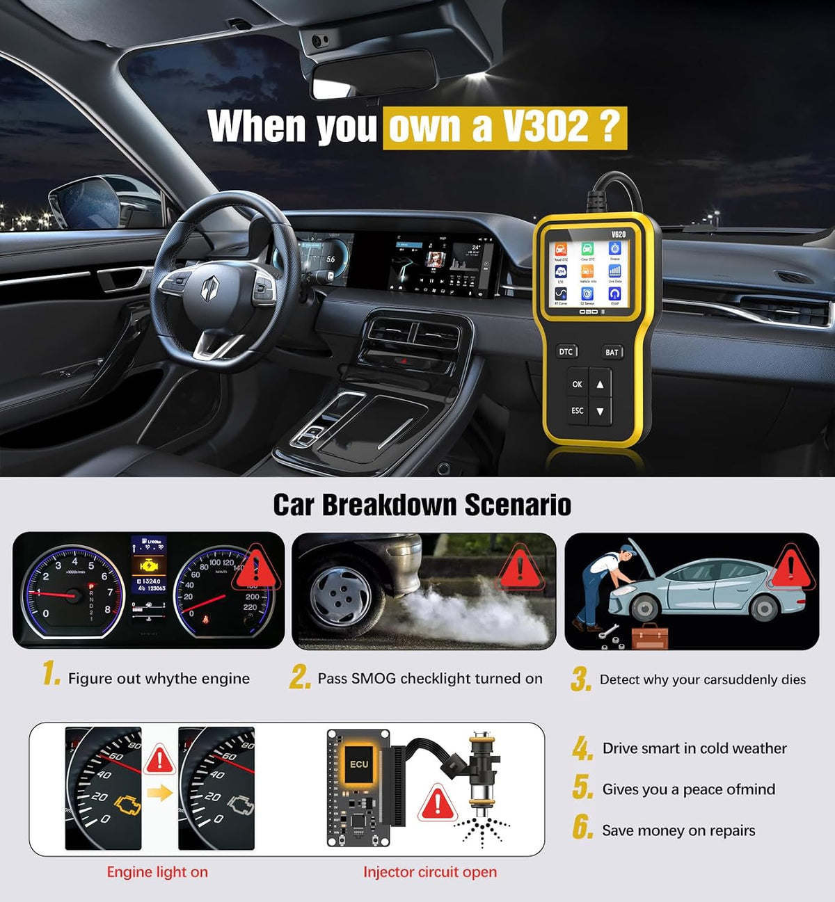 UMEIJA OBD2 Scanner with Upgrade Battery Tester - Diagnostic Tool for Cars That Check Engine Light & Emissions Readiness Read and Clears Vehicle Error Codes for All OBD II Protocol Vehicles Since 1996