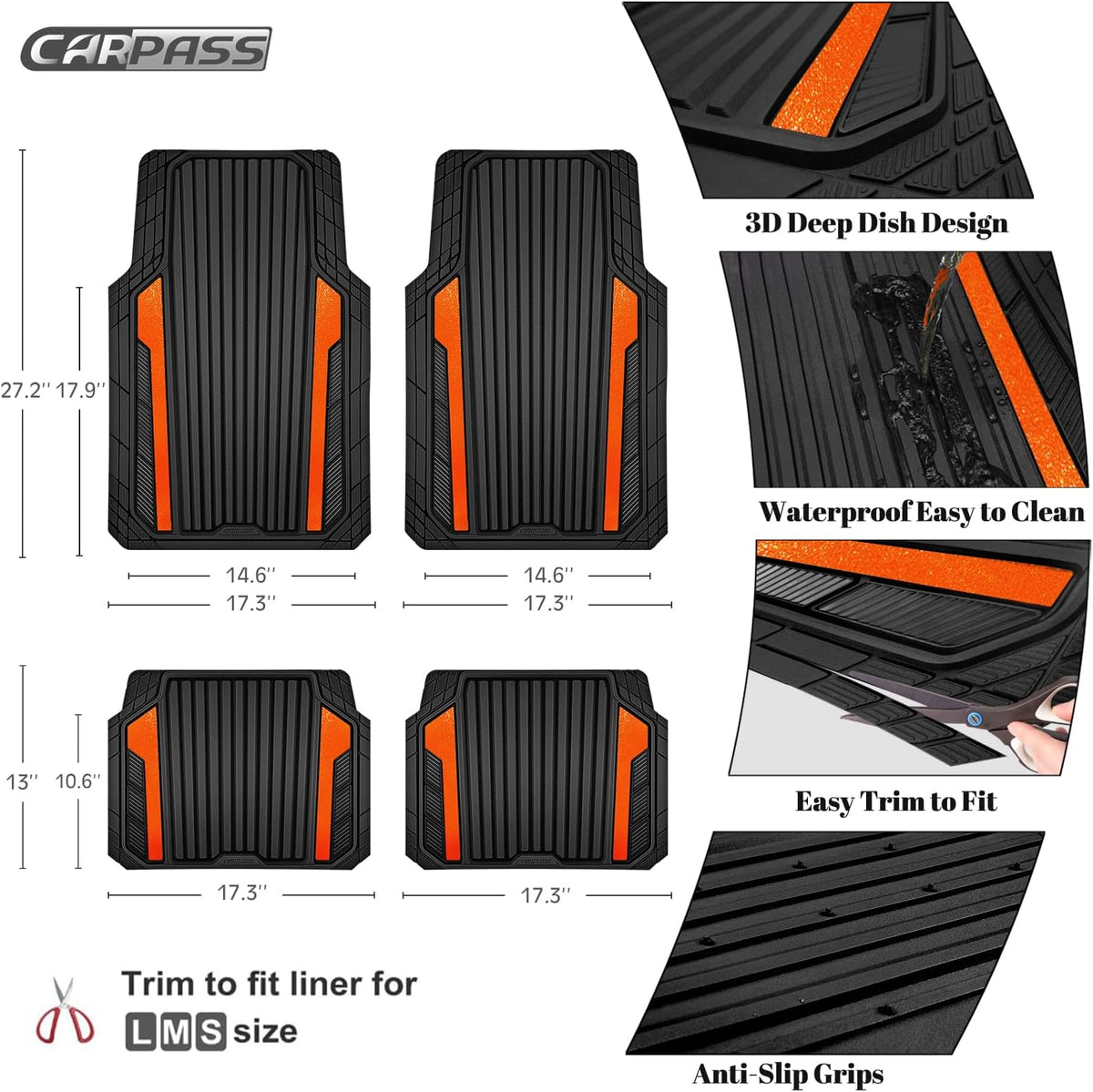 CAR PASS Heavy Duty Rubber Car Mats Metallic, Aluminum Film All Weather Floor Mats Waterproof Universal Trim to Fit Automotive SUV Sedan Van 4 Piece Anodized Deep Dish Two-Tone Sporty Black Red Chrome