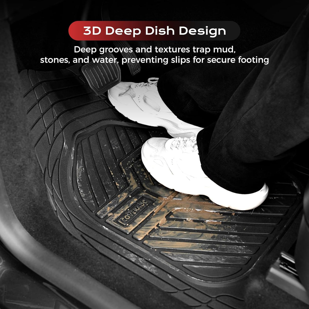 Coverado Car Floor Mats All Weather Waterproof Deep Dish Anti-Slip Car Mats Set, Heavy Duty Rubber Floor Mats for Cars, Universal Trim to Fit Automotive Floor Mats for Cars Trucks SUV, Black&Red