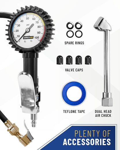 Tire Inflator with Pressure Gauge and Longer Hose - Most Accurate, Heavy Duty Air Chuck with Gauge for Air Compressor Tire Inflator Attachment - 100PSI
